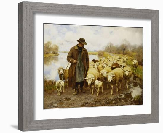 A Shepherd and Sheep by a Lake-Julius Hugo Bergmann-Framed Giclee Print