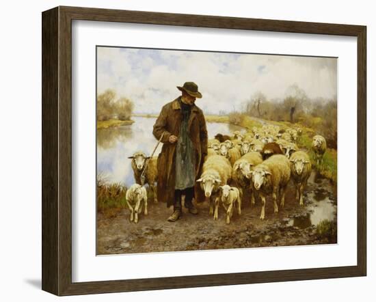 A Shepherd and Sheep by a Lake-Julius Hugo Bergmann-Framed Giclee Print