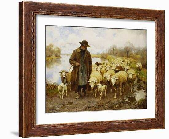 A Shepherd and Sheep by a Lake-Julius Hugo Bergmann-Framed Giclee Print