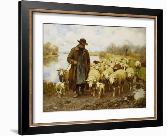 A Shepherd and Sheep by a Lake-Julius Hugo Bergmann-Framed Giclee Print