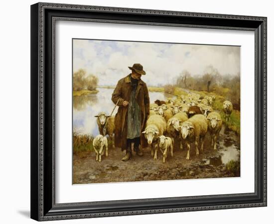 A Shepherd and Sheep by a Lake-Julius Hugo Bergmann-Framed Giclee Print