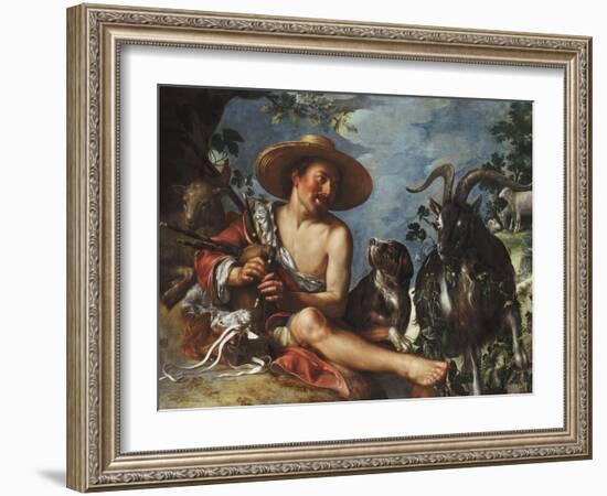 A Shepherd Piping on a Knoll, a Dog and his Flock Nearby-Peter Wtewael-Framed Giclee Print