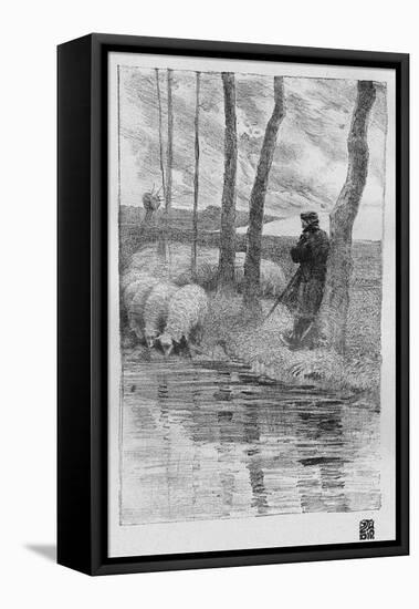 A Shepherd with His Flock by a River, 1899-Robert Hermann Sterl-Framed Premier Image Canvas