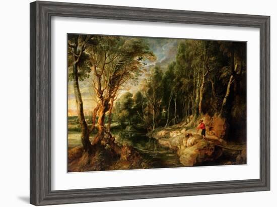 A Shepherd with His Flock in a Woody Landscape, C.1615-22 (Oil on Oak)-Peter Paul Rubens-Framed Giclee Print