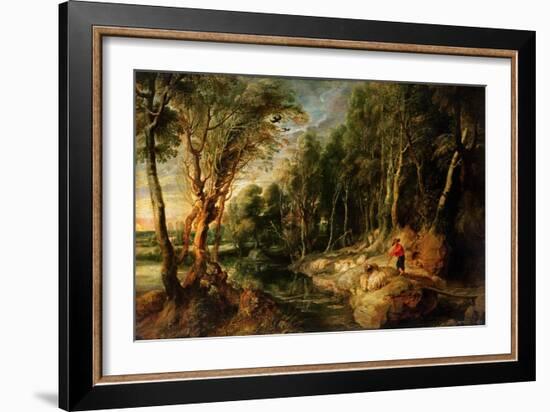 A Shepherd with His Flock in a Woody Landscape, C.1615-22 (Oil on Oak)-Peter Paul Rubens-Framed Giclee Print