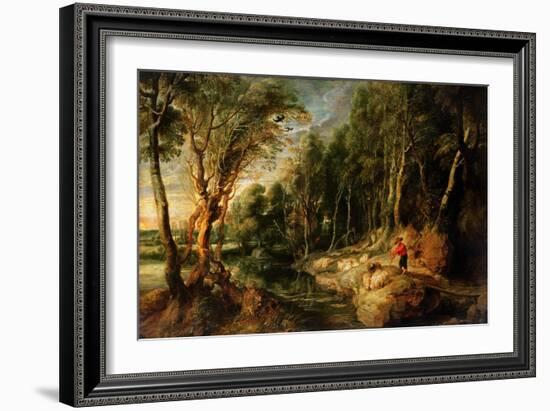 A Shepherd with His Flock in a Woody Landscape, C.1615-22 (Oil on Oak)-Peter Paul Rubens-Framed Giclee Print