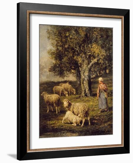 A Shepherdess and Sheep in a Barbizon Landscape-Charles Emile Jacque-Framed Giclee Print