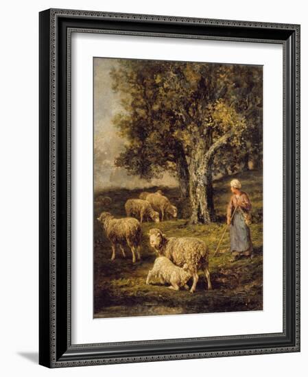 A Shepherdess and Sheep in a Barbizon Landscape-Charles Emile Jacque-Framed Giclee Print