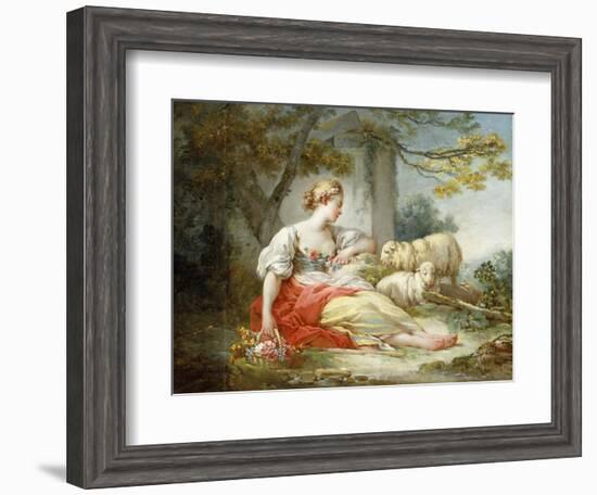 A Shepherdess Seated with Sheep and a Basket of Flowers Near a Ruin in a Wooded Landscape-Jean-Honoré Fragonard-Framed Giclee Print