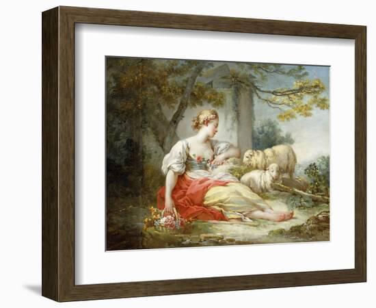 A Shepherdess Seated with Sheep and a Basket of Flowers Near a Ruin in a Wooded Landscape-Jean-Honoré Fragonard-Framed Giclee Print