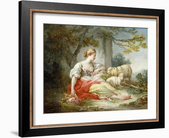 A Shepherdess Seated with Sheep and a Basket of Flowers Near a Ruin in a Wooded Landscape-Jean-Honoré Fragonard-Framed Giclee Print