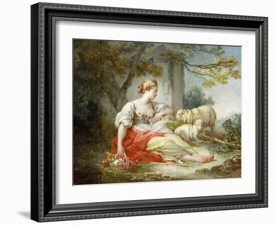 A Shepherdess Seated with Sheep and a Basket of Flowers Near a Ruin in a Wooded Landscape-Jean-Honoré Fragonard-Framed Giclee Print