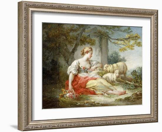 A Shepherdess Seated with Sheep and a Basket of Flowers Near a Ruin in a Wooded Landscape-Jean-Honoré Fragonard-Framed Giclee Print