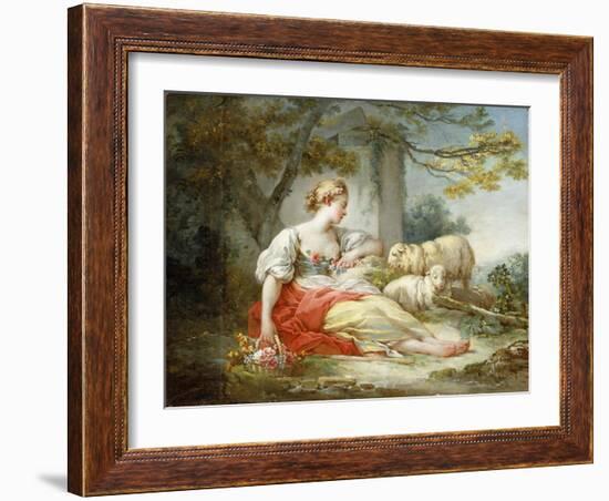 A Shepherdess Seated with Sheep and a Basket of Flowers Near a Ruin in a Wooded Landscape-Jean-Honoré Fragonard-Framed Giclee Print