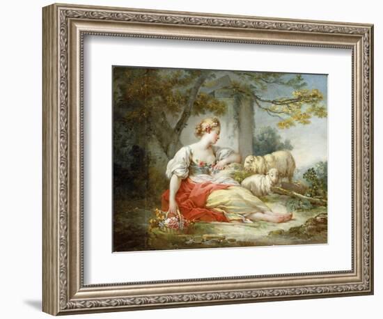 A Shepherdess Seated with Sheep and a Basket of Flowers Near a Ruin in a Wooded Landscape-Jean-Honoré Fragonard-Framed Giclee Print