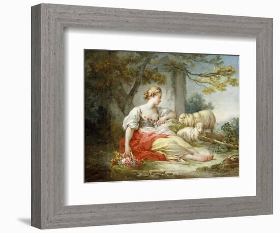 A Shepherdess Seated with Sheep and a Basket of Flowers Near a Ruin in a Wooded Landscape-Jean-Honoré Fragonard-Framed Giclee Print