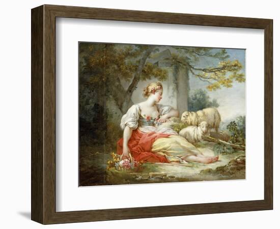 A Shepherdess Seated with Sheep and a Basket of Flowers Near a Ruin in a Wooded Landscape-Jean-Honoré Fragonard-Framed Giclee Print