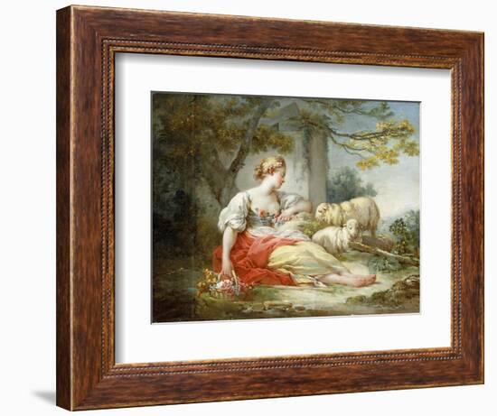 A Shepherdess Seated with Sheep and a Basket of Flowers Near a Ruin in a Wooded Landscape-Jean-Honoré Fragonard-Framed Giclee Print