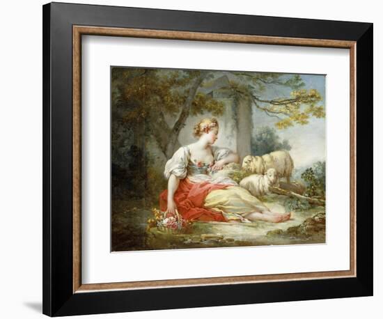 A Shepherdess Seated with Sheep and a Basket of Flowers Near a Ruin in a Wooded Landscape-Jean-Honoré Fragonard-Framed Giclee Print