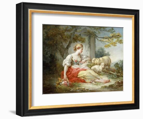 A Shepherdess Seated with Sheep and a Basket of Flowers Near a Ruin in a Wooded Landscape-Jean-Honoré Fragonard-Framed Giclee Print