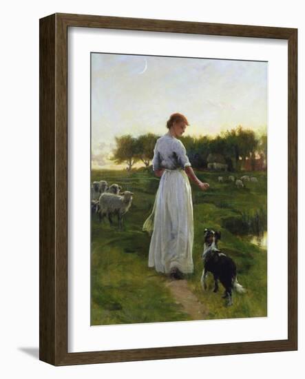 A Shepherdess with Her Dog and Flock in a Moonlit Meadow-George Faulkner Wetherbee-Framed Giclee Print