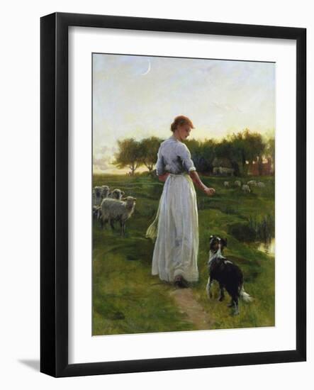 A Shepherdess with Her Dog and Flock in a Moonlit Meadow-George Faulkner Wetherbee-Framed Giclee Print