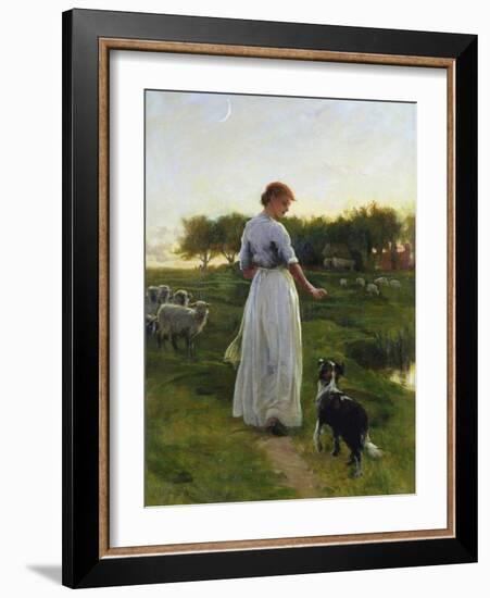 A Shepherdess with Her Dog and Flock in a Moonlit Meadow-George Faulkner Wetherbee-Framed Giclee Print