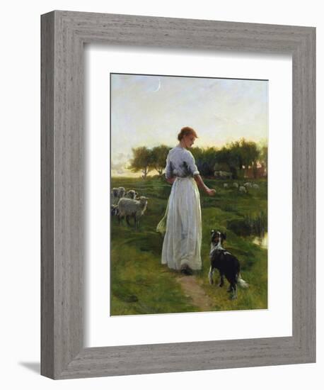 A Shepherdess with Her Dog and Flock in a Moonlit Meadow-George Faulkner Wetherbee-Framed Giclee Print