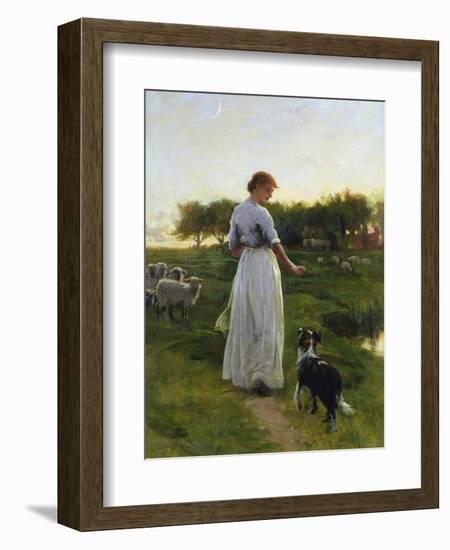 A Shepherdess with Her Dog and Flock in a Moonlit Meadow-George Faulkner Wetherbee-Framed Giclee Print