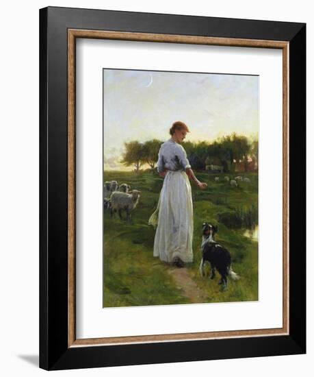 A Shepherdess with Her Dog and Flock in a Moonlit Meadow-George Faulkner Wetherbee-Framed Giclee Print