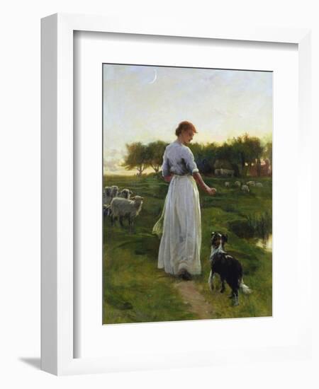 A Shepherdess with Her Dog and Flock in a Moonlit Meadow-George Faulkner Wetherbee-Framed Giclee Print