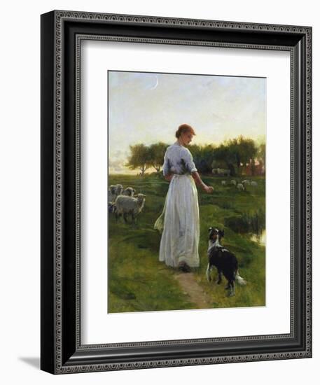 A Shepherdess with Her Dog and Flock in a Moonlit Meadow-George Faulkner Wetherbee-Framed Giclee Print