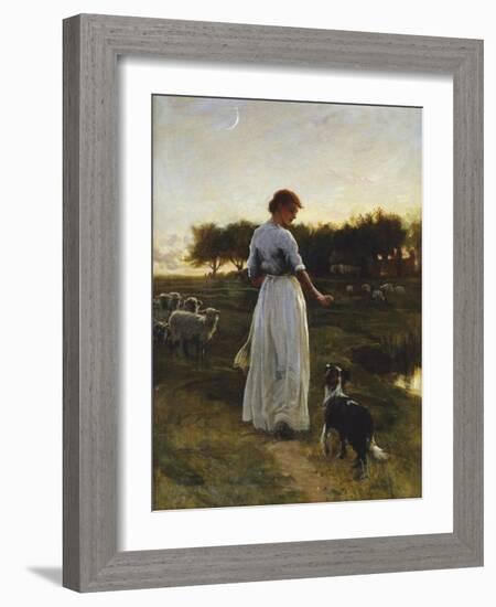 A Shepherdess with her Dog and Flock in a Moonlit Meadow-George Faulkener Wetherbee-Framed Giclee Print