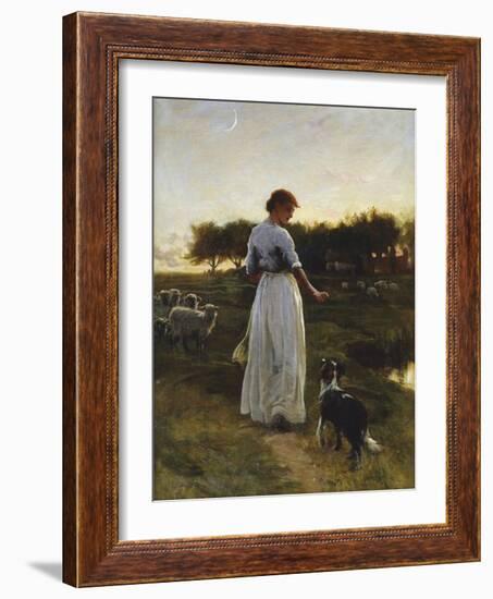 A Shepherdess with her Dog and Flock in a Moonlit Meadow-George Faulkener Wetherbee-Framed Giclee Print