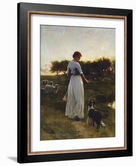 A Shepherdess with her Dog and Flock in a Moonlit Meadow-George Faulkener Wetherbee-Framed Giclee Print