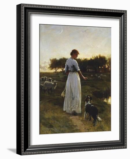 A Shepherdess with her Dog and Flock in a Moonlit Meadow-George Faulkener Wetherbee-Framed Giclee Print