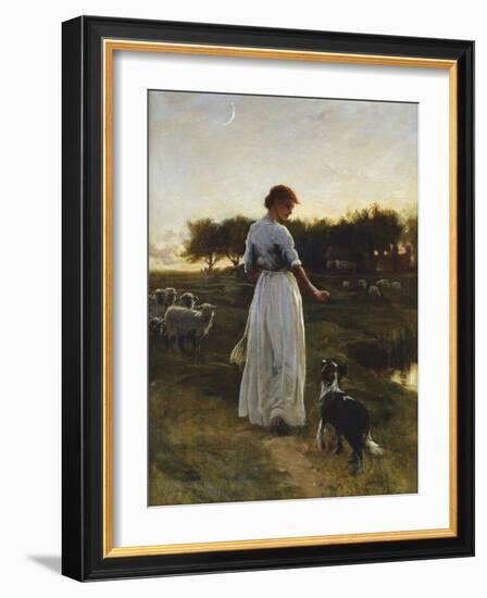 A Shepherdess with her Dog and Flock in a Moonlit Meadow-George Faulkener Wetherbee-Framed Giclee Print