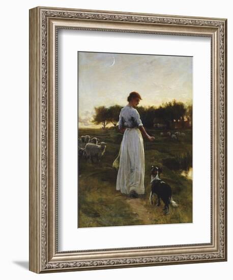 A Shepherdess with her Dog and Flock in a Moonlit Meadow-George Faulkener Wetherbee-Framed Giclee Print