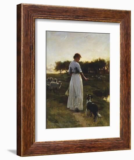 A Shepherdess with her Dog and Flock in a Moonlit Meadow-George Faulkener Wetherbee-Framed Giclee Print