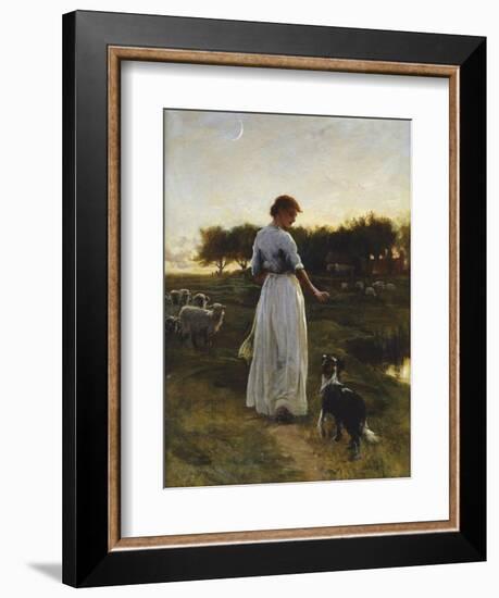 A Shepherdess with her Dog and Flock in a Moonlit Meadow-George Faulkener Wetherbee-Framed Giclee Print