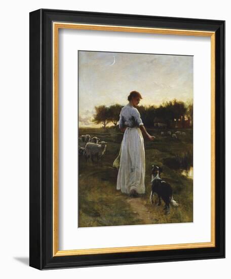 A Shepherdess with her Dog and Flock in a Moonlit Meadow-George Faulkener Wetherbee-Framed Giclee Print