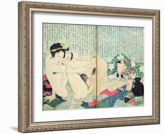 A 'Shunga' (Erotic Print), from 'Manpoku Wago-Jin': Lovers and a Wine Jar, 1821-Katsushika Hokusai-Framed Giclee Print