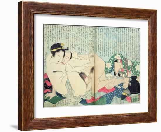 A 'Shunga' (Erotic Print), from 'Manpoku Wago-Jin': Lovers and a Wine Jar, 1821-Katsushika Hokusai-Framed Giclee Print