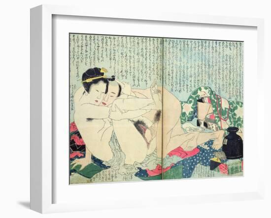 A 'Shunga' (Erotic Print), from 'Manpoku Wago-Jin': Lovers and a Wine Jar, 1821-Katsushika Hokusai-Framed Giclee Print