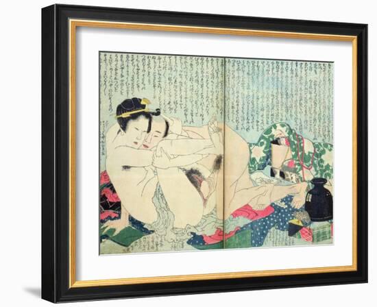 A 'Shunga' (Erotic Print), from 'Manpoku Wago-Jin': Lovers and a Wine Jar, 1821-Katsushika Hokusai-Framed Giclee Print