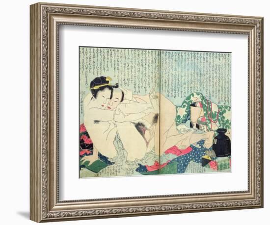 A 'Shunga' (Erotic Print), from 'Manpoku Wago-Jin': Lovers and a Wine Jar, 1821-Katsushika Hokusai-Framed Giclee Print