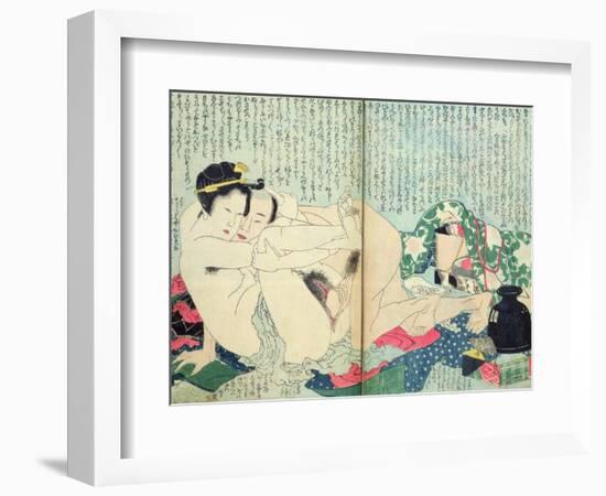 A 'Shunga' (Erotic Print), from 'Manpoku Wago-Jin': Lovers and a Wine Jar, 1821-Katsushika Hokusai-Framed Giclee Print