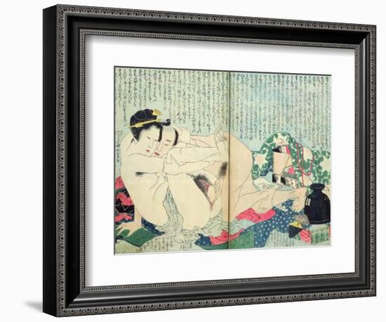 A 'Shunga' (Erotic Print), from 'Manpoku Wago-Jin': Lovers and a Wine Jar, 1821-Katsushika Hokusai-Framed Giclee Print