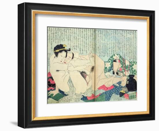 A 'Shunga' (Erotic Print), from 'Manpoku Wago-Jin': Lovers and a Wine Jar, 1821-Katsushika Hokusai-Framed Giclee Print