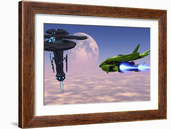 A Shuttle Delivers Supplies to a Space Station-Stocktrek Images-Framed Art Print